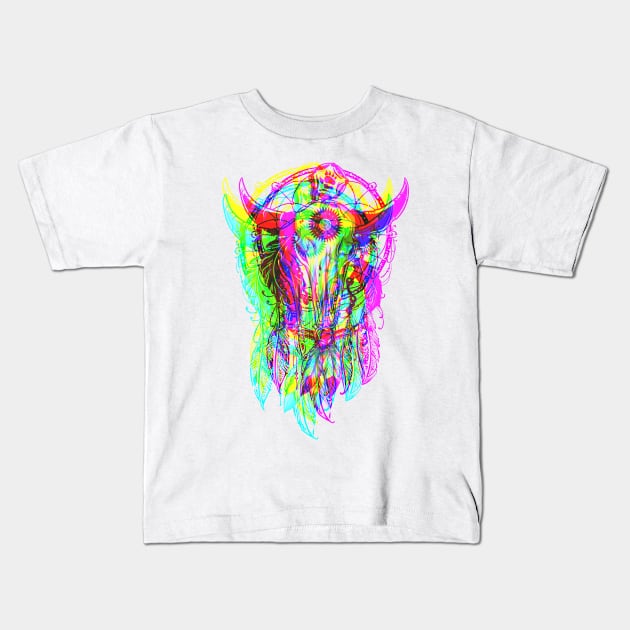 Bull Skull Dreamcatcher - Psychedelic Neon Colored Kids T-Shirt by EDDArt